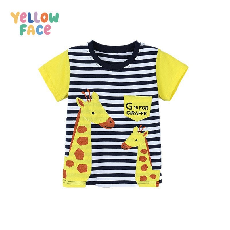 Summer Boys Short Sleeve T-Shirt with Giraffe Embroidery Round Neck - Image 5