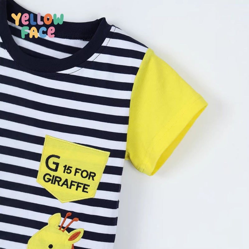 Summer Boys Short Sleeve T-Shirt with Giraffe Embroidery Round Neck - Image 4