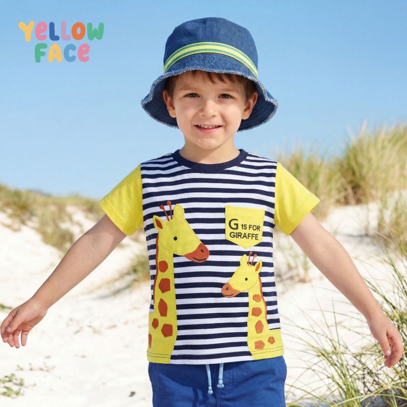 Summer Boys Short Sleeve T-Shirt with Giraffe Embroidery Round Neck - Image 1