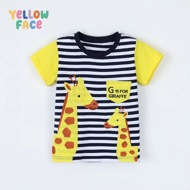 Summer Boys Short Sleeve T-Shirt with Giraffe Embroidery Round Neck - Image 2