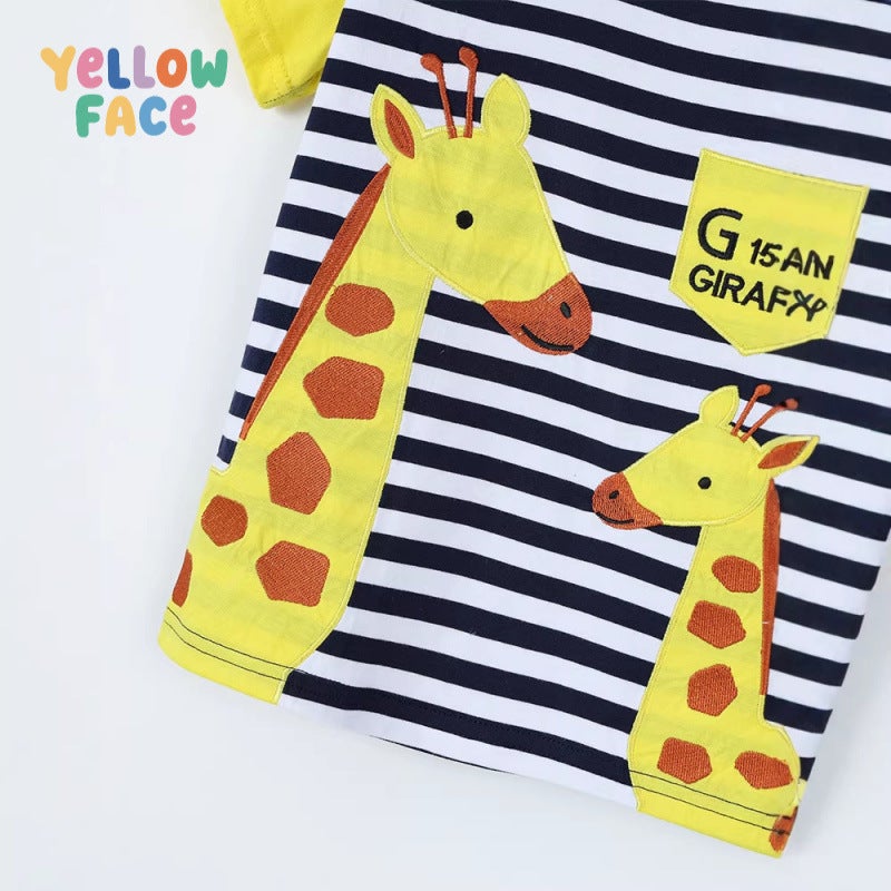 Summer Boys Short Sleeve T-Shirt with Giraffe Embroidery Round Neck - Image 3