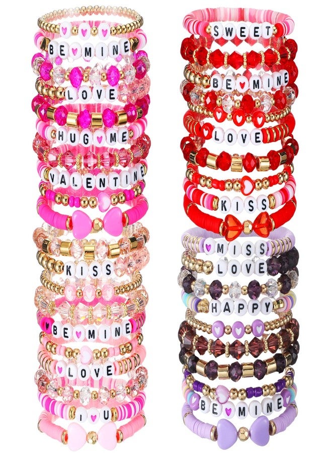 Landical 40 Pcs Valentine's Day Bracelets Surfer Heishi Bracelets Bulk Set Colorful Red and Pink Women Stretch Bracelet Stackable Clay Beaded Jewelry Gifts for Women Valentine Party Supplies - Image 1