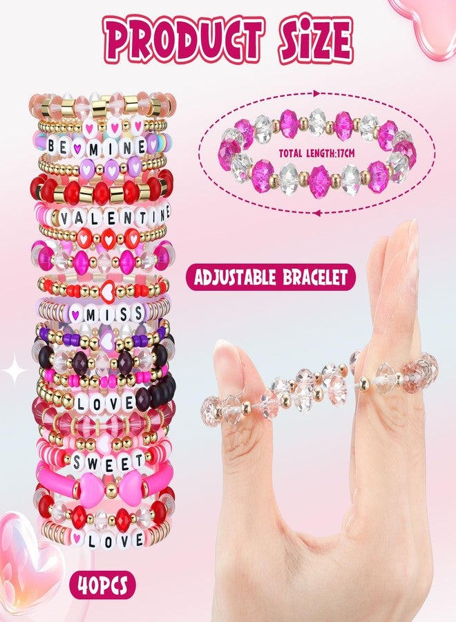 Landical 40 Pcs Valentine's Day Bracelets Surfer Heishi Bracelets Bulk Set Colorful Red and Pink Women Stretch Bracelet Stackable Clay Beaded Jewelry Gifts for Women Valentine Party Supplies - Image 2