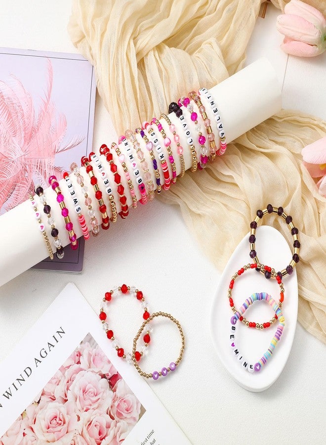 Landical 40 Pcs Valentine's Day Bracelets Surfer Heishi Bracelets Bulk Set Colorful Red and Pink Women Stretch Bracelet Stackable Clay Beaded Jewelry Gifts for Women Valentine Party Supplies - Image 5