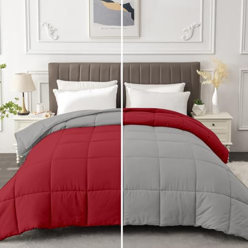 Razzai All-Season Comforter 220 GSM | Super Soft Fluffy & Lightweight Comforter Double Bed Comforter (90" x 100" Inches/228cm x 254cm) - Double Bed Comforter | Silver & Burgundy - Image 1