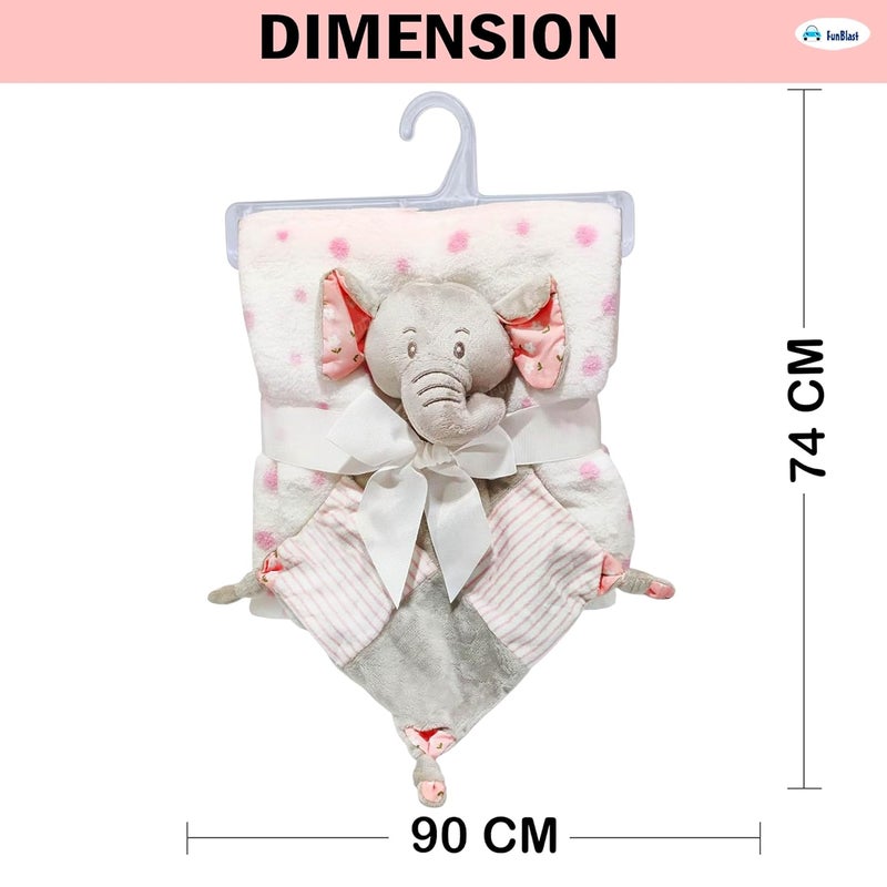 FunBlast Baby Wrap Blanket 90 cm x 74 cm with Soft Elephant Hanky Rattle UltraSoft Cozy Breathable Newborn Swaddle for Boys Girls Blanket Gift Set for Infants 0 Years Pink - Image 3
