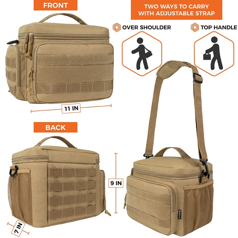 opux Tactical Lunch Box for Men, Tan Mens Insulated Lunch Bag for Adult, Leakproof Soft Lunch Cooler with MOLLE Mesh Side Pockets, Multicam Heavy Duty Lunchbox Pail for Work Women, Large, 18 Cans - Image 4