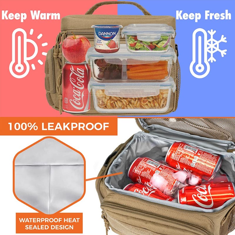 opux Tactical Lunch Box for Men, Tan Mens Insulated Lunch Bag for Adult, Leakproof Soft Lunch Cooler with MOLLE Mesh Side Pockets, Multicam Heavy Duty Lunchbox Pail for Work Women, Large, 18 Cans - Image 2