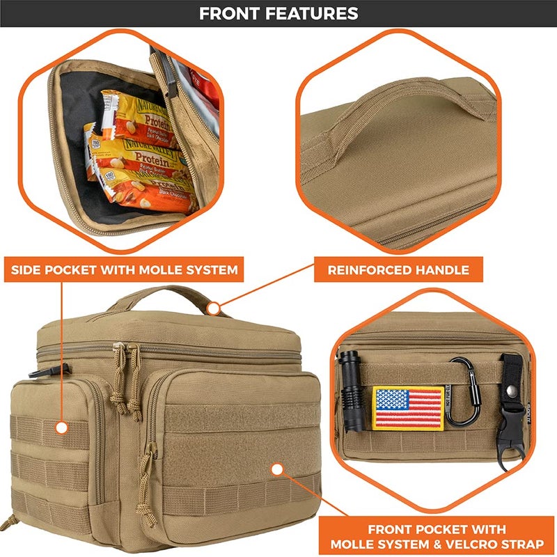 opux Tactical Lunch Box for Men, Tan Mens Insulated Lunch Bag for Adult, Leakproof Soft Lunch Cooler with MOLLE Mesh Side Pockets, Multicam Heavy Duty Lunchbox Pail for Work Women, Large, 18 Cans - Image 5