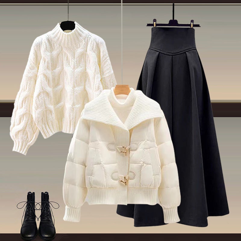 Autumn and Winter Dress Womens Small Chanel Style Wear with Horns Button Cotton-padded Coat Twisted Sweater Half-length Skirt Three-piece Set One Piece Skirt