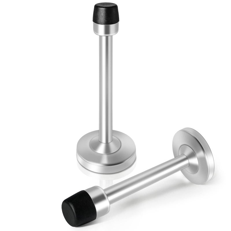 JZS Door Stops, Brushed Satin Door Stopper Mute Solid Rigid Door Stop with No Odor Rubber Tip, Heavy Duty Nickel Rubber Door Holder, Black Doorstops (2 Pack, Silver, 12CM) - Image 1