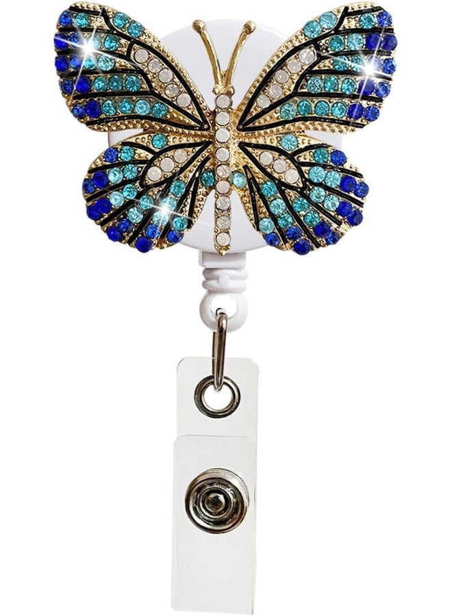 SquarezhenBo Blue Butterfly Rhinestones Retractable Badge Reel, Diamond Nurse Badge Holder Reels with Swivel Alligator Clip Badge Holders for Teachers Volunteers Employees Identification Badges and Supplies - Image 1