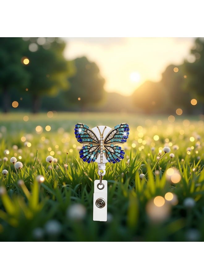SquarezhenBo Blue Butterfly Rhinestones Retractable Badge Reel, Diamond Nurse Badge Holder Reels with Swivel Alligator Clip Badge Holders for Teachers Volunteers Employees Identification Badges and Supplies - Image 3