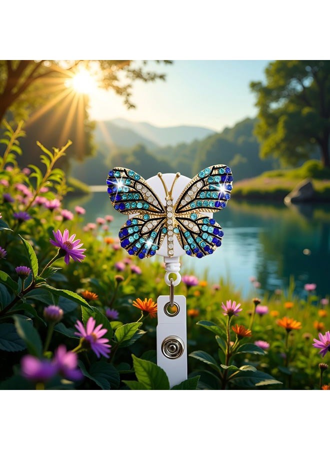 SquarezhenBo Blue Butterfly Rhinestones Retractable Badge Reel, Diamond Nurse Badge Holder Reels with Swivel Alligator Clip Badge Holders for Teachers Volunteers Employees Identification Badges and Supplies - Image 2