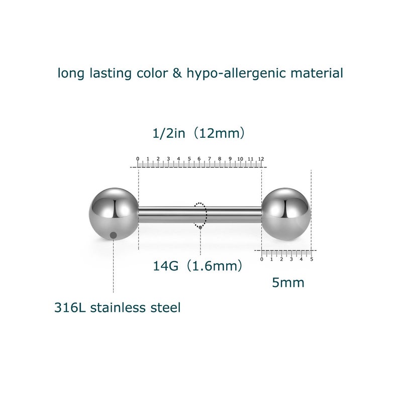 VCMART Straight Barbell Nipple Piercing Jewelry 14G Metal Tongue Nipple Rings for Women Surgical Steel 12mm Bar Length Silver - Image 3