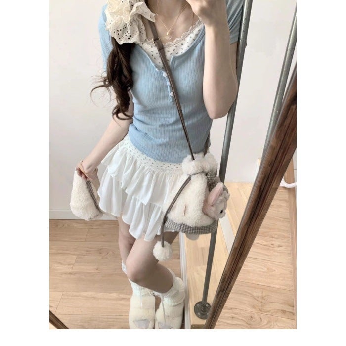 Fake Two-Piece Ballet Style T-Shirt For Women Bm Lace Small Floral Stitching Short-Sleeved Sweet And Spicy Baby Blue Top - Image 1
