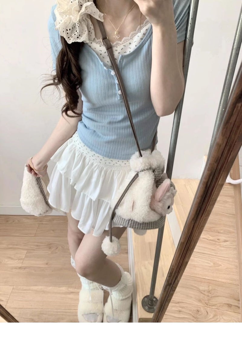 Fake Two-Piece Ballet Style T-Shirt For Women Bm Lace Small Floral Stitching Short-Sleeved Sweet And Spicy Baby Blue Top - Image 4