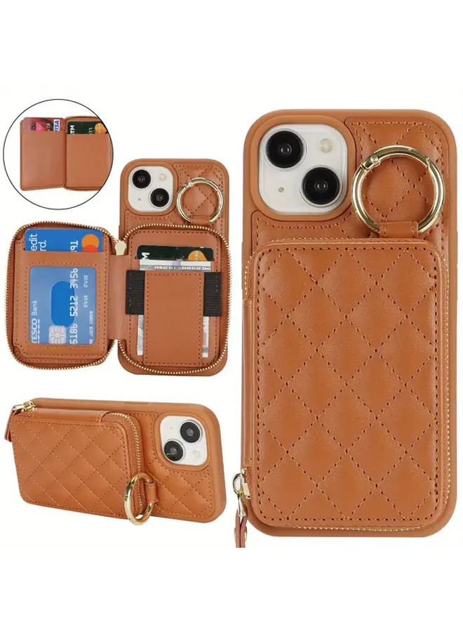 هاتف آيفون 15 باللون البني الفاتح مع محفظة هاتف تحتوي على فتحة لبطاقات الائتمان وحجرة بسحاب وحلقة حامل - Image 1