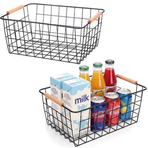 LeleCAT Wire Baskets with Wooden Handles Wire Storage Organizer Bin Baskets, Pantry, Closets, Bedrooms - Set of 2（Black） - Image 1