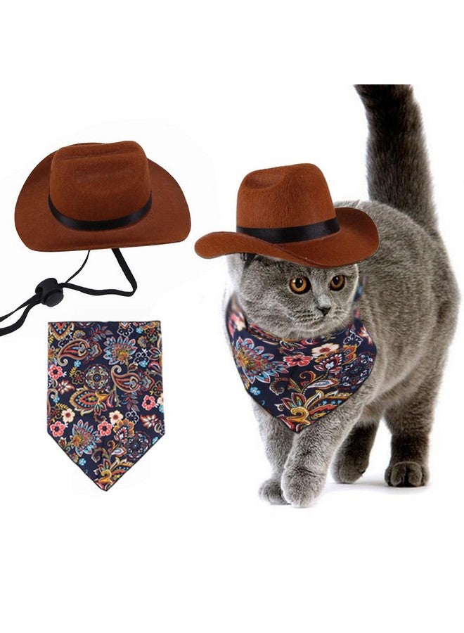 Furimuk 2Pcs Pet Cowboy Hat Costume Accessories Set for Cat Small Dog, Puppy Bandana Scarf Adjustable Brown Western Cowboy Hat for Birthday Halloween Christmas Holiday Party Photo Cosplay and Daily Wearing - Image 1