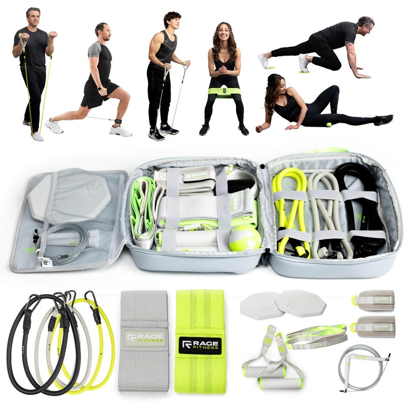 Rage Fitness مجموعة معدات صالة رياضية منزلية مع حقيبة حمل - مجموعة 10 قطع من أحزمة المقاومة مع مقابض، رافعة باب، حبل قفز، أحزمة للعضلات المؤخرة والمزيد - مجموعة أحزمة تمرين لكامل الجسم للقوة، الكارديو والمرونة - Image 1