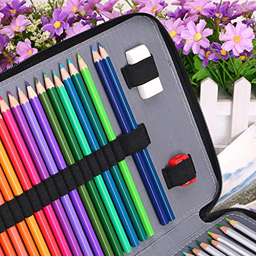 BTSKY 200 Slots Colored Pencil Organizer - Deluxe PU Leather Pencil Case Holder with Removal Handle Strap Pencil Box Large for Colored Pencils Watercolor Pencils (Black) - Image 4