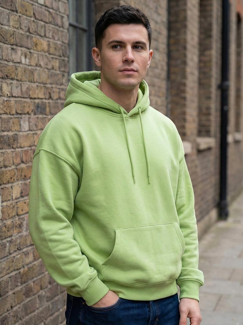 NOBERO Men's Cotton Blend Neck Hooded Sweatshirt (1M-TWHO-R0041_Cool Matcha, Oversized, Green - Image 3
