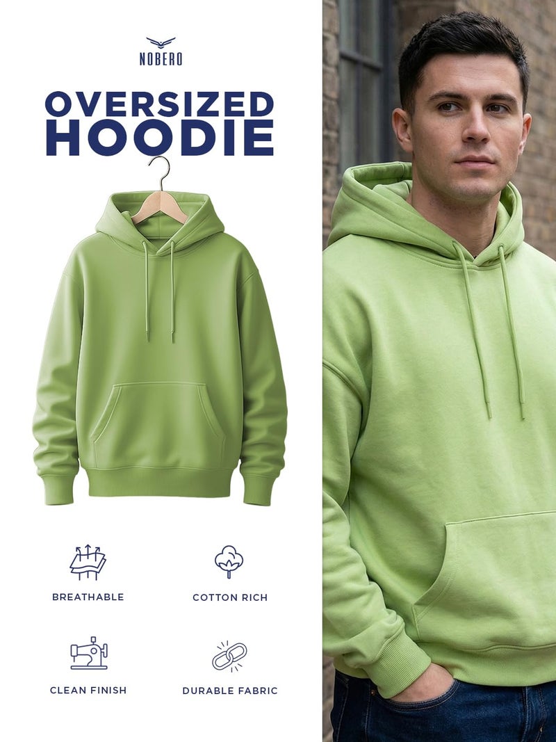 NOBERO Men's Cotton Blend Neck Hooded Sweatshirt (1M-TWHO-R0041_Cool Matcha, Oversized, Green - Image 4