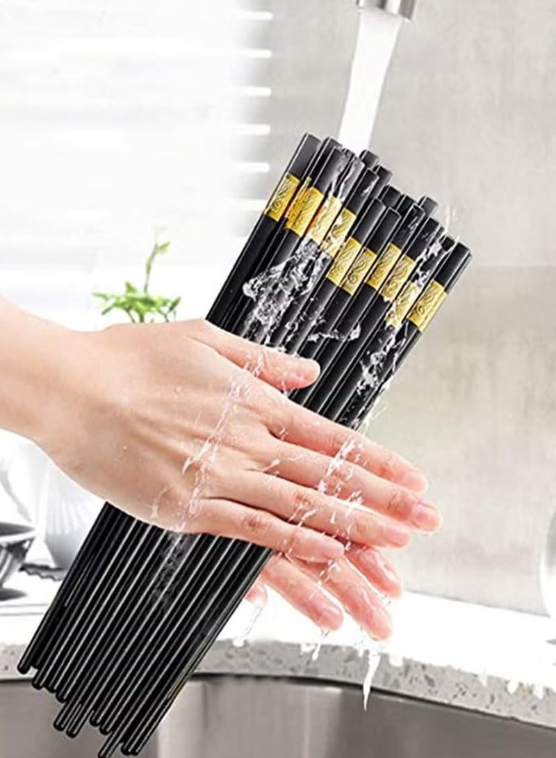 10 Pairs Reusable Chopsticks Dishwasher Safe, Fiberglass Chop Sticks Multipack Metal Japanese Korean Chopsticks for Food, BPA-Free, Safe, Gift, Smooth Touch, Black and Gold  - Image 1