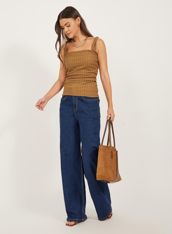 Styli Textured Ruched Strappy Fitted Tank T-Shirt  - Image 2
