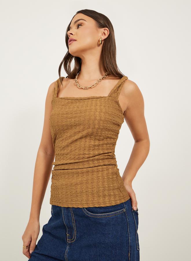 Styli Textured Ruched Strappy Fitted Tank T-Shirt - Image 1