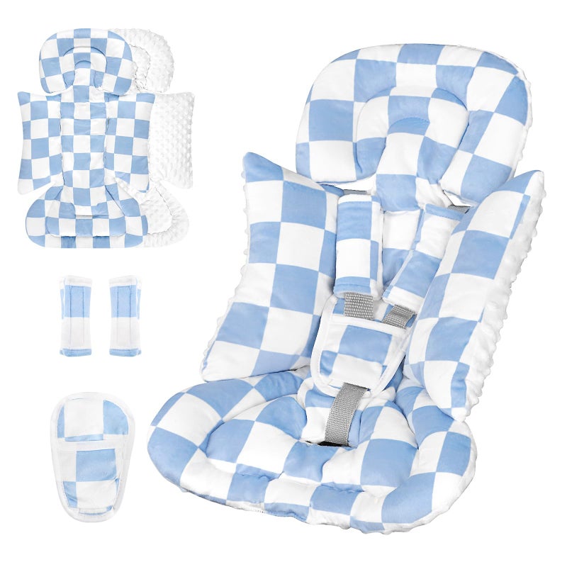 DILIMI Infant Car Seat Insert, Baby Car Seat Head Support with 3 Strap Paddings, Soft Newborn Car Seat Cushion for Stroller, Swing, Bouncers, Blue Checkered - Image 1