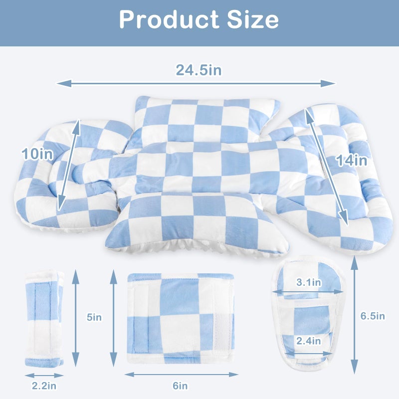 DILIMI Infant Car Seat Insert, Baby Car Seat Head Support with 3 Strap Paddings, Soft Newborn Car Seat Cushion for Stroller, Swing, Bouncers, Blue Checkered - Image 4