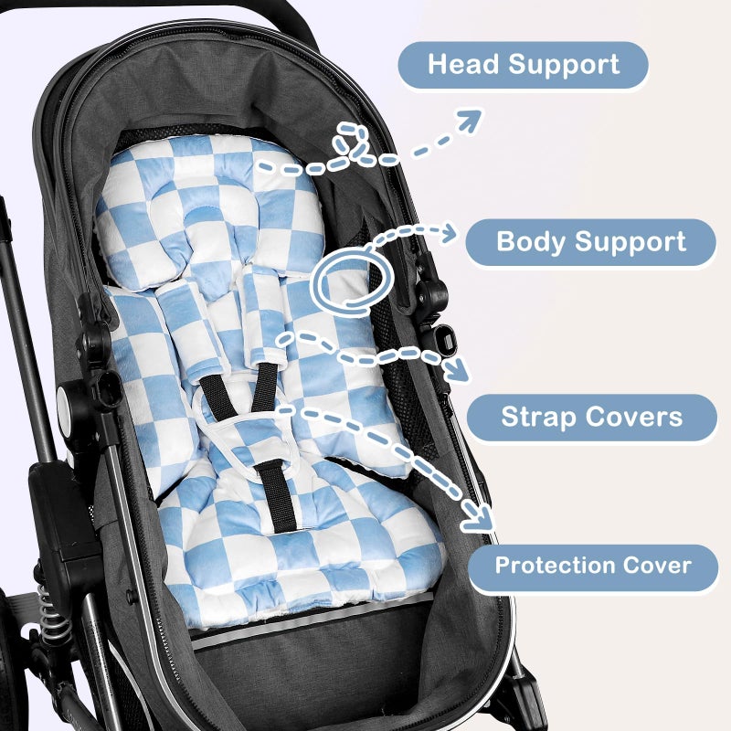 DILIMI Infant Car Seat Insert, Baby Car Seat Head Support with 3 Strap Paddings, Soft Newborn Car Seat Cushion for Stroller, Swing, Bouncers, Blue Checkered - Image 5