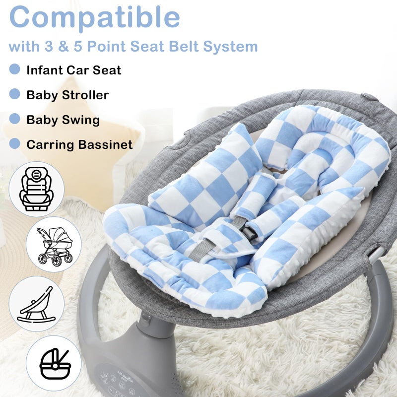 DILIMI Infant Car Seat Insert, Baby Car Seat Head Support with 3 Strap Paddings, Soft Newborn Car Seat Cushion for Stroller, Swing, Bouncers, Blue Checkered - Image 2