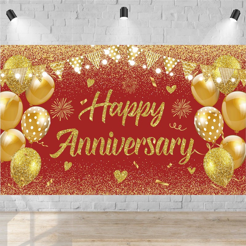 GOLDCROW Wedding Anniversary Banner Red Gold Happy Decorations for Women Men Party, Indoor Outdoor Decor Supplies 71 * 43 Inch - Image 1