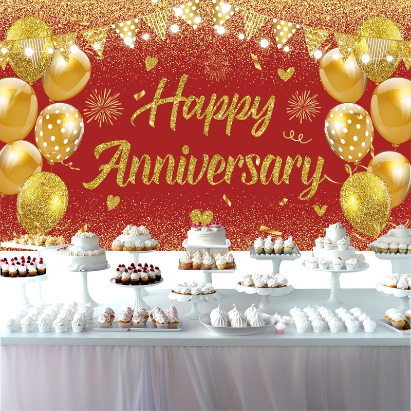 GOLDCROW Wedding Anniversary Banner Red Gold Happy Decorations for Women Men Party, Indoor Outdoor Decor Supplies 71 * 43 Inch - Image 3