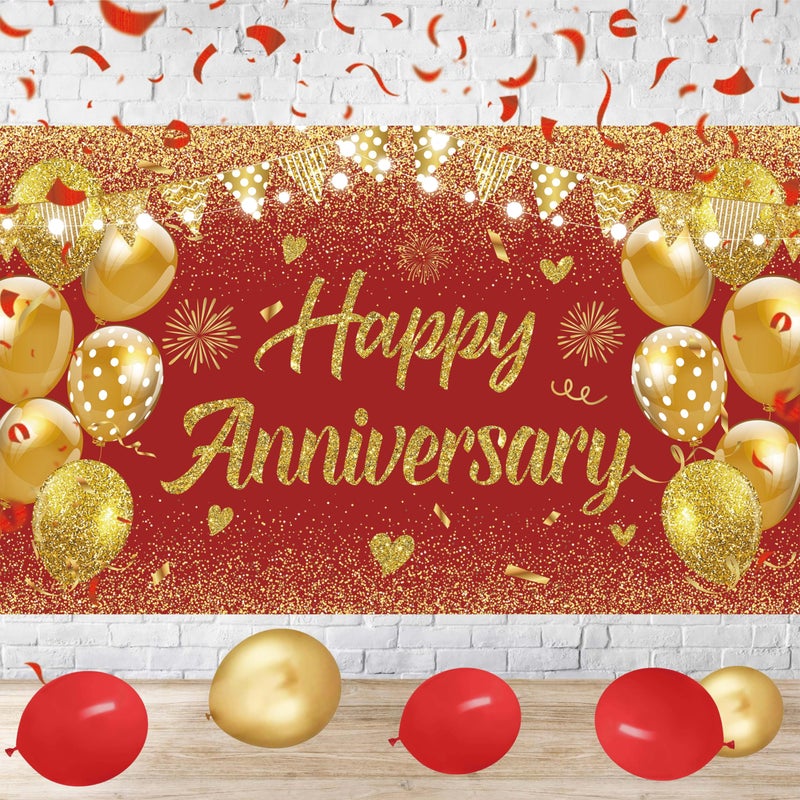 GOLDCROW Wedding Anniversary Banner Red Gold Happy Decorations for Women Men Party, Indoor Outdoor Decor Supplies 71 * 43 Inch - Image 4