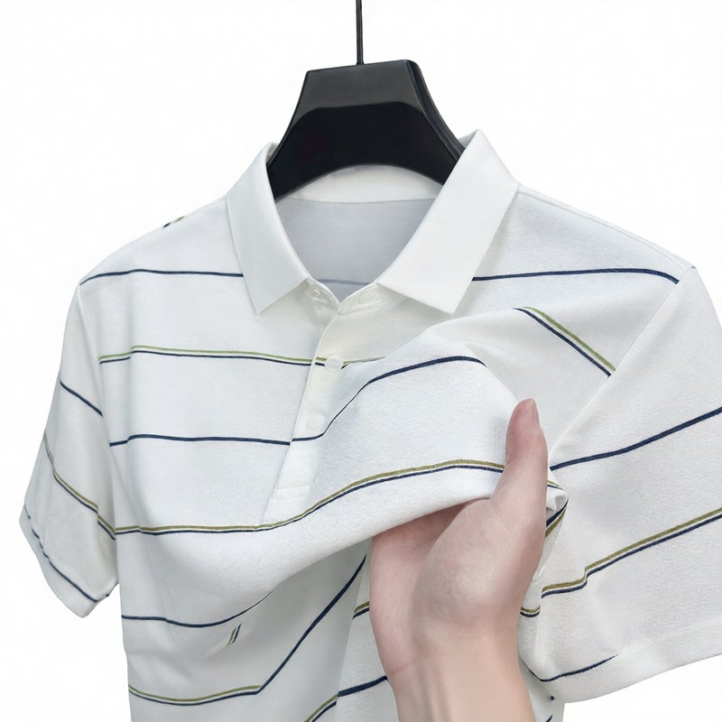 Men's Short Sleeve Striped Breathable Business Polo Shirt with Antibacterial Silk - Image 1