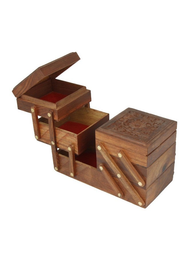 ITOS365 Wooden 5-in-1 Jewellery Box for Women - Wood Brown Finish | Handmade Jewellery Storage Ogranizer with Multiple Compartments & Carvings | Birthday & Aniversary Gift for Women - Image 4