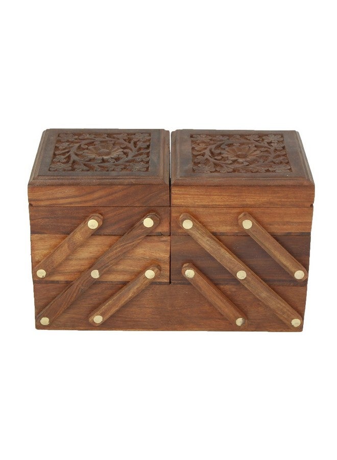 ITOS365 Wooden 5-in-1 Jewellery Box for Women - Wood Brown Finish | Handmade Jewellery Storage Ogranizer with Multiple Compartments & Carvings | Birthday & Aniversary Gift for Women - Image 3