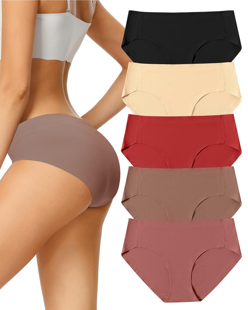 voenxe Seamless Underwear for Women,Hipster No Show Ladies Panties Line,Breathable Stretch Bikini,Invisible Workout Briefs,Comfortable Soft Undies,Gym Underpants,5 Pack Coffee - Image 1