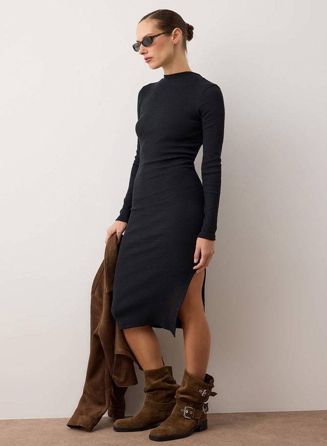 trendyol Black Fitted Crew Neck Mini Ribbed Flexible Knit Dress with a Slit TWOAW21EL0135. - Image 1