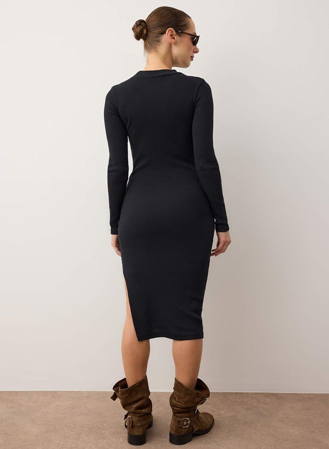 trendyol Black Fitted Crew Neck Mini Ribbed Flexible Knit Dress with a Slit TWOAW21EL0135. - Image 4