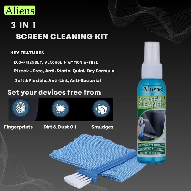 Aliens 3 in 1 Professional Cleaning Kit (100 Ml) for Smartphone,Laptop,Camera,Tablet,Binocular,Lens,Monitor,TV,Screen(Includes: 100 Ml Anti-Static Liquid Spray + Soft Brush + Microfiber Cloth),Blue - Image 2