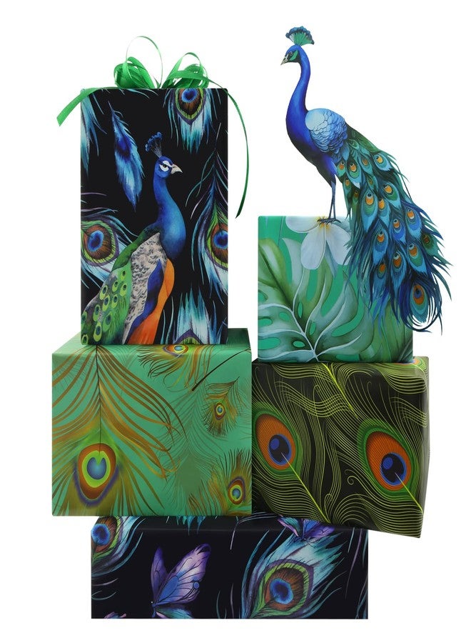 Boerni Peacock Wrapping Paper for Women Men, 6 Sheets Peacocks Feather Print Turquoise Gift Wrap Paper, Blue Green Teal Color Designs Folded Flat Gift Packing with Green Ribbon Set for Birthday Christmas - Image 1