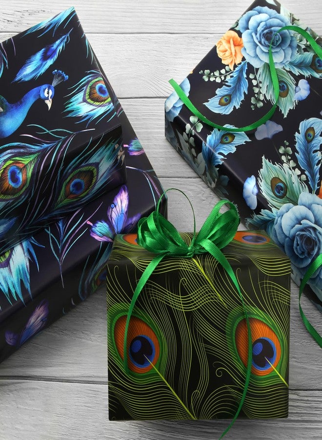Boerni Peacock Wrapping Paper for Women Men, 6 Sheets Peacocks Feather Print Turquoise Gift Wrap Paper, Blue Green Teal Color Designs Folded Flat Gift Packing with Green Ribbon Set for Birthday Christmas - Image 5