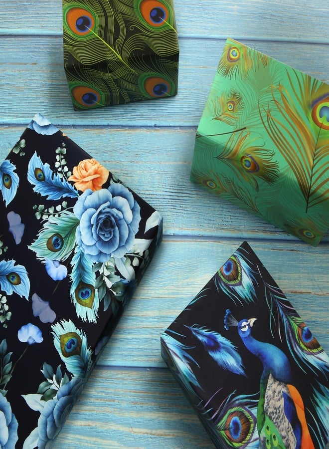 Boerni Peacock Wrapping Paper for Women Men, 6 Sheets Peacocks Feather Print Turquoise Gift Wrap Paper, Blue Green Teal Color Designs Folded Flat Gift Packing with Green Ribbon Set for Birthday Christmas - Image 4