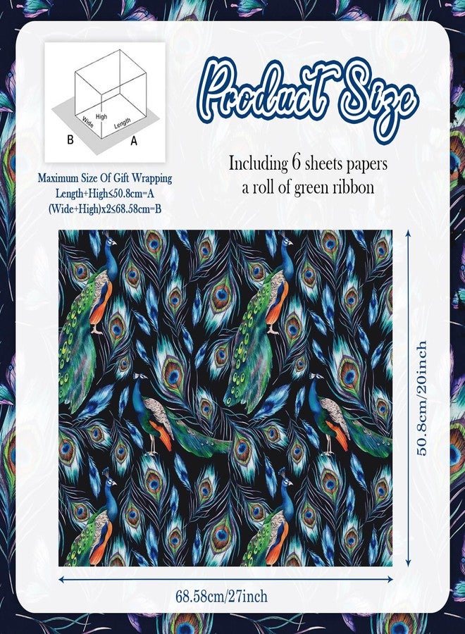 Boerni Peacock Wrapping Paper for Women Men, 6 Sheets Peacocks Feather Print Turquoise Gift Wrap Paper, Blue Green Teal Color Designs Folded Flat Gift Packing with Green Ribbon Set for Birthday Christmas - Image 2