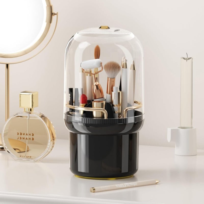 Makeup Brush Holder Organizer with Lid, Dustproof Make Up Brushes Organizer Countertop, 360 Rotating Brush Holder for Vanity Dresser - Elegent Black